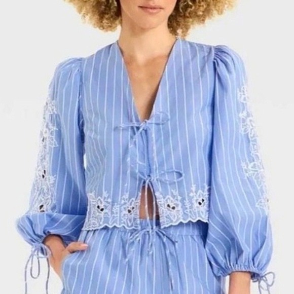 Future Collective Tops - Future Collective Eyelet Floral Peasant Blouse XXL Blue Cotton Boho Cottagecore